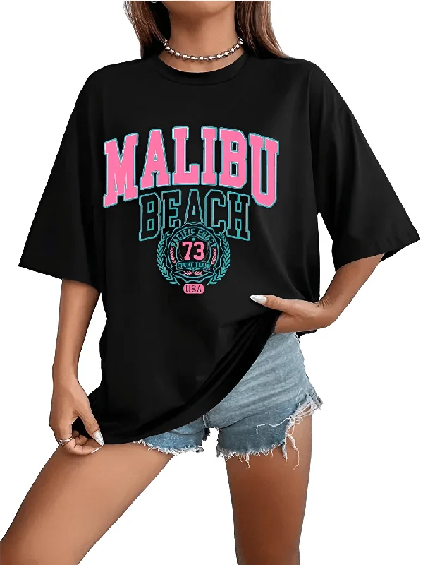 Women's Malibu Beach T-Shirt Cotton Washed Print Tee Shirt Fashion Loose Tops Casual Female Clothes-- Chenille Fabric Brocade Fabric Lace Fabric