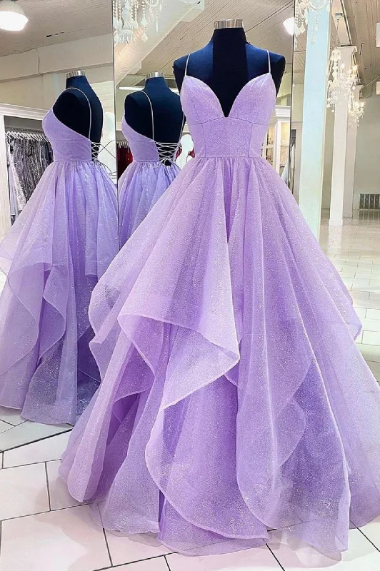Purple A-Line Tulle Long Prom Dresses, Purple Party Evening Gowns Tunics Practical easy-care