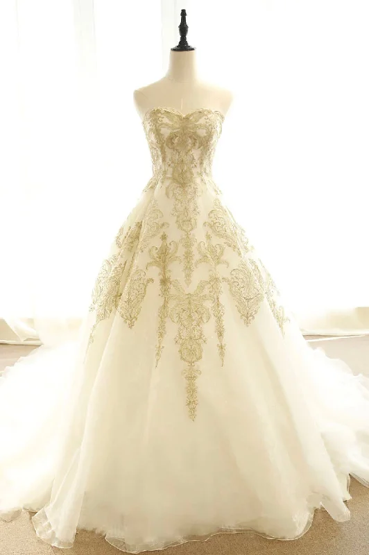 Long Champagne Strapless Tulle Lace Prom Dress, A-Line Evening Dress with Train Tunics Polka dots