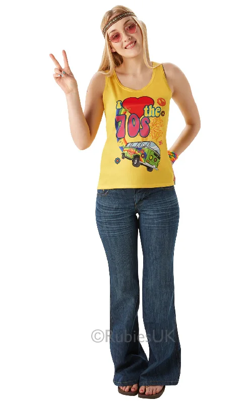 Ladies 70s Love Top Fancy Dress 1970s Hippie Groovy Peace Costume sweetheart Neckline Romantic