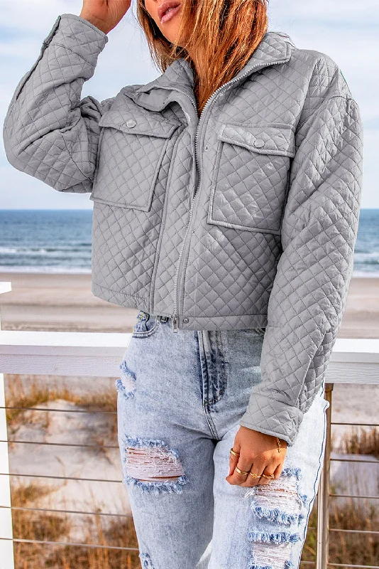Chic Grey Cropped Jacket with Quilted Design Fleece Fabric Down Fabric Feather Fabric
