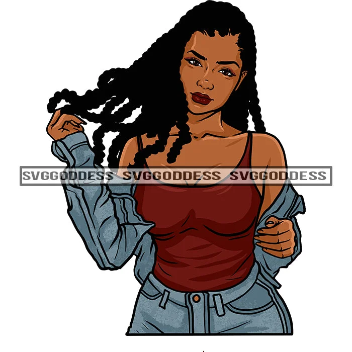 Black Woman In Jean Jacket Tank Top And Jeans Long Braids SVG JPG PNG Vector Clipart Cricut Silhouette Cut Cutting Rayon Jacket Velvet Jacket Corduroy Jacket