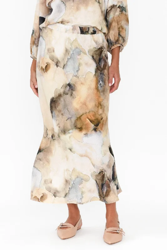 Modena Beige Marble Linen Midi Skirt cashmere skirt plush