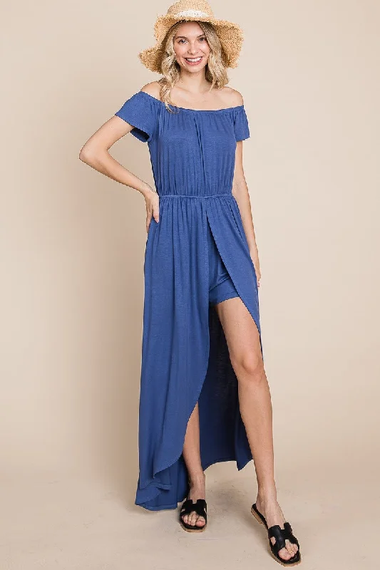 Off Shoulder Solid Jersey Romper Maxi Adjustable Strap Romper Trendy