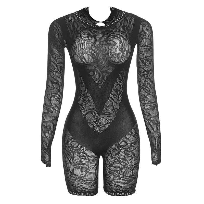 Long sleeve gloves see through fishnet romper Ruched Waist Romper Trendy