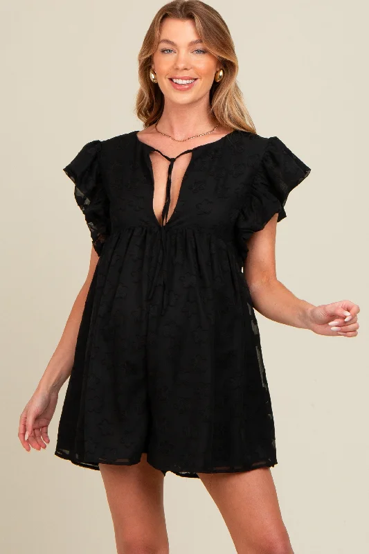 Black Floral Split V-Neck Ruffle Sleeve Maternity Romper Edgy romper jumpsuit women