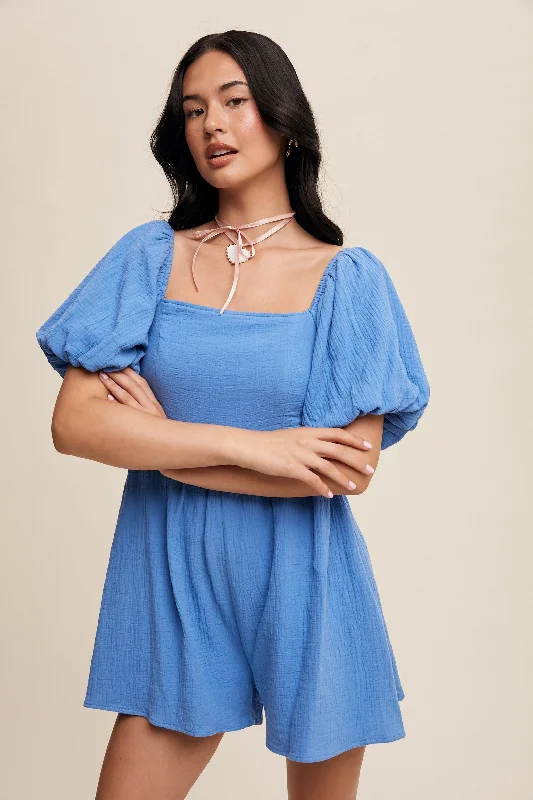 Bright Blue Square Neck Puff Sleeve Babydoll Romper Relaxed Button Romper Casual