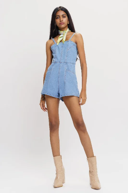 Light Indigo Denim Romper Floral Wrap Romper Stylish