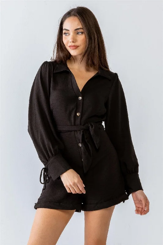 Textured Button-Up Collared Long Sleeve Belted Romper Elegant Tuxedo Romper Formal