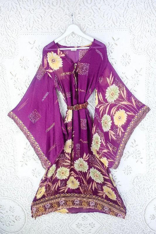 Cassandra Maxi Kaftan - Plum Purple & Bright Bloom Floral - Vintage Sari - Size S/M