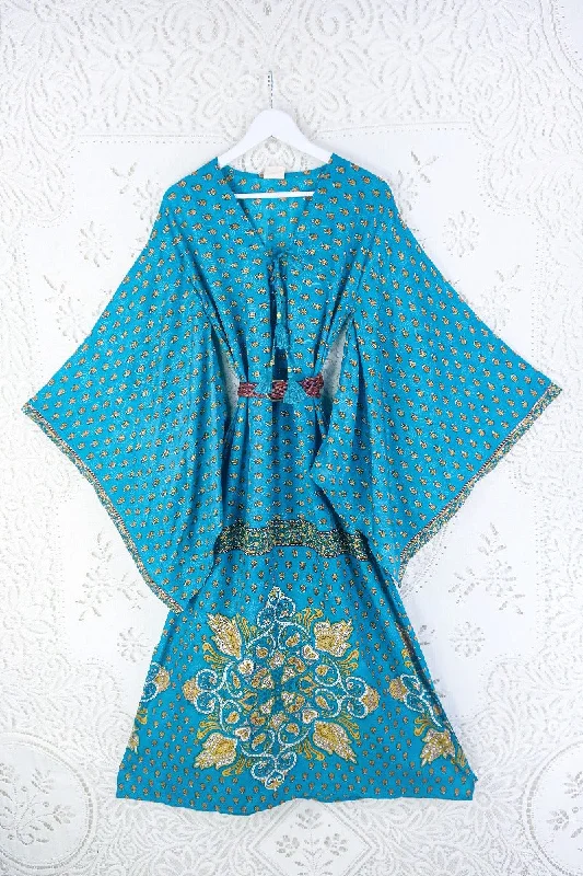 Cassandra Maxi Kaftan - Bright Teal & Olive Flower Motif - Vintage Sari - Size S/M