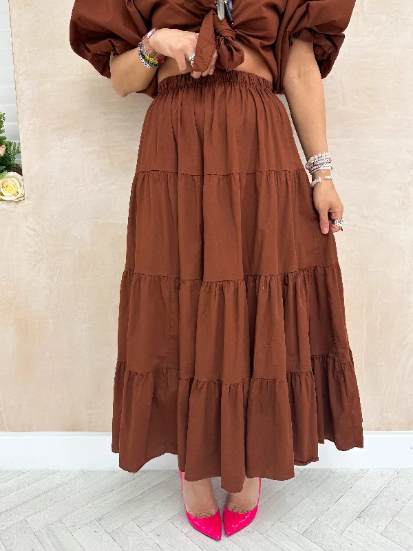 Tiered Floaty Full Midi Skirt In Chocolate